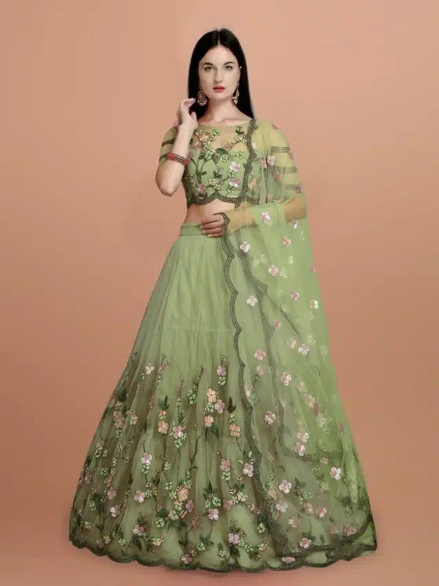 Green Net Embroidered Semi-Stitched Lehenga